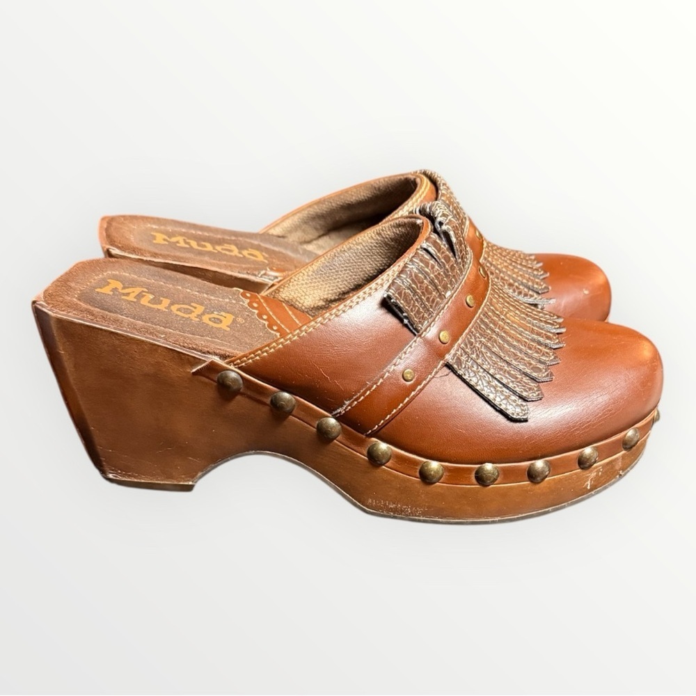 Vintage Mudd Brown Leather Mules with Gold Studs - Picture 3 of 7